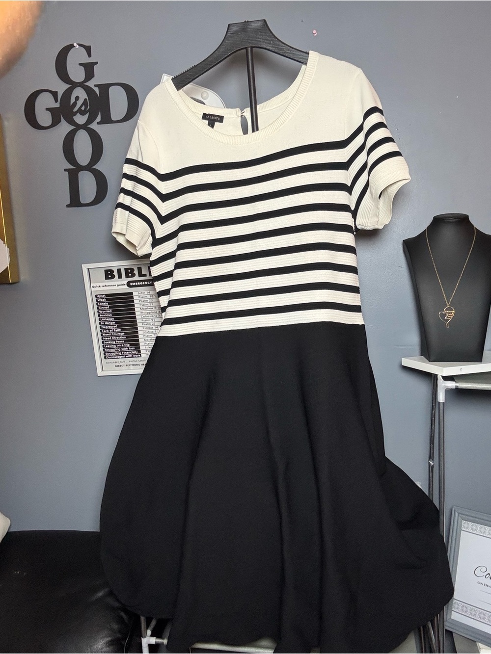 Talbots Black and White Striped Fit-and-Flare Dress - Picture 2 of 6